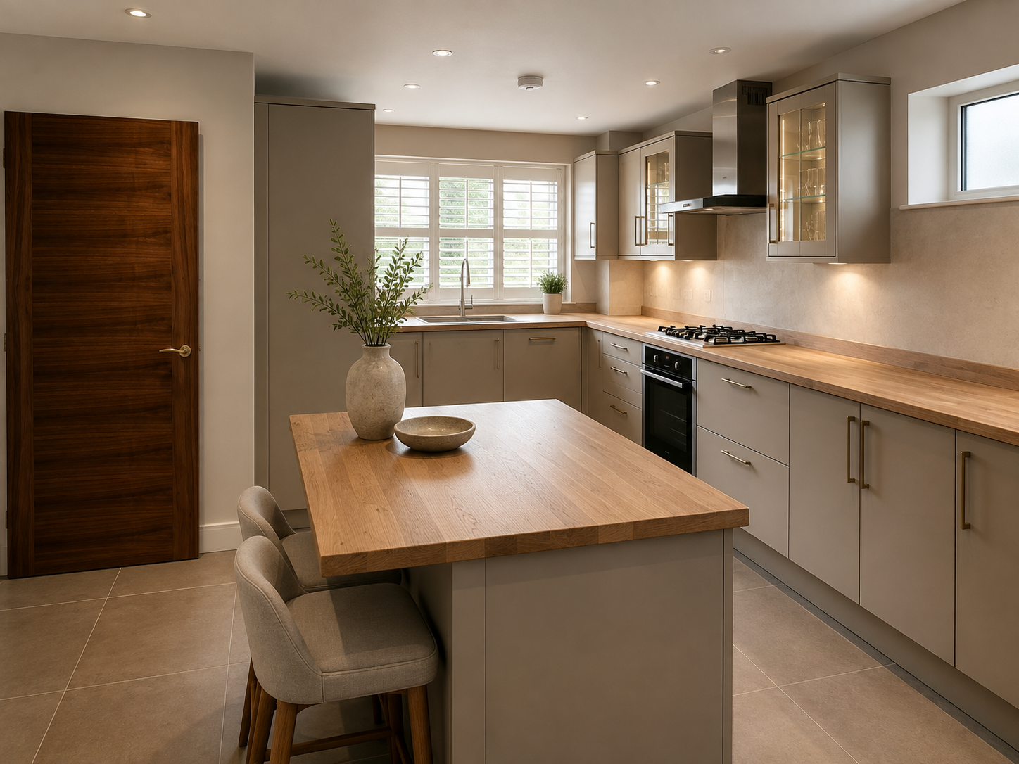 Handleless kitchen with solid oak worktops and island