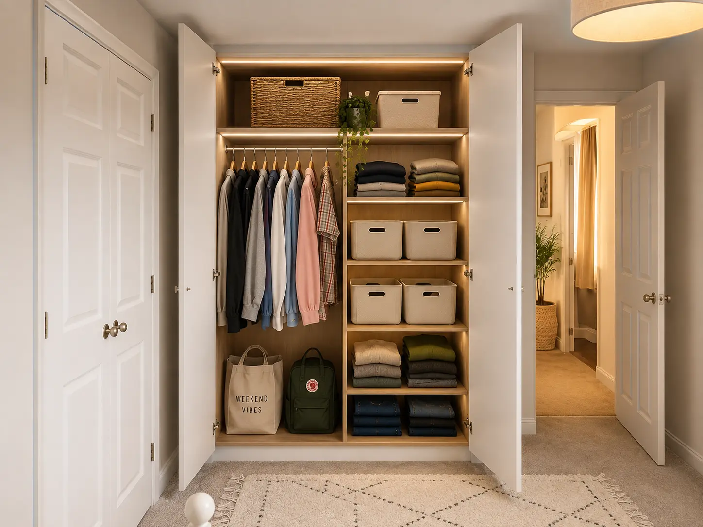 Bespoke fitted wardrobes with integrated shelving and hanging