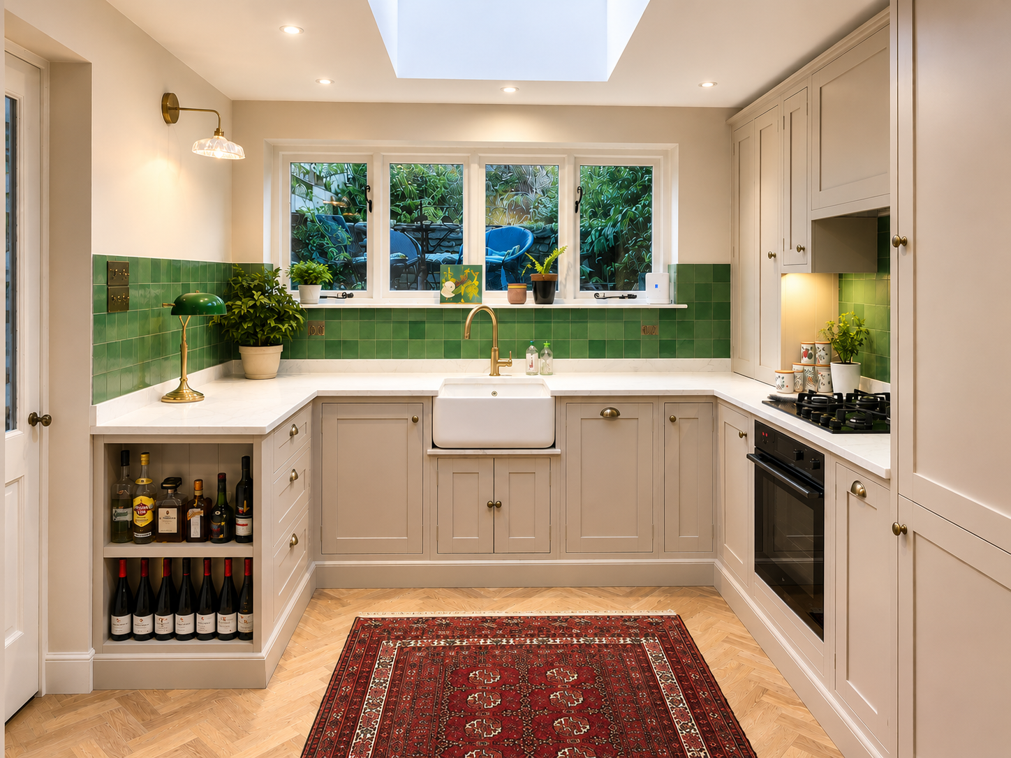 Shaker kitchen with green tiled splashback and brass fittings