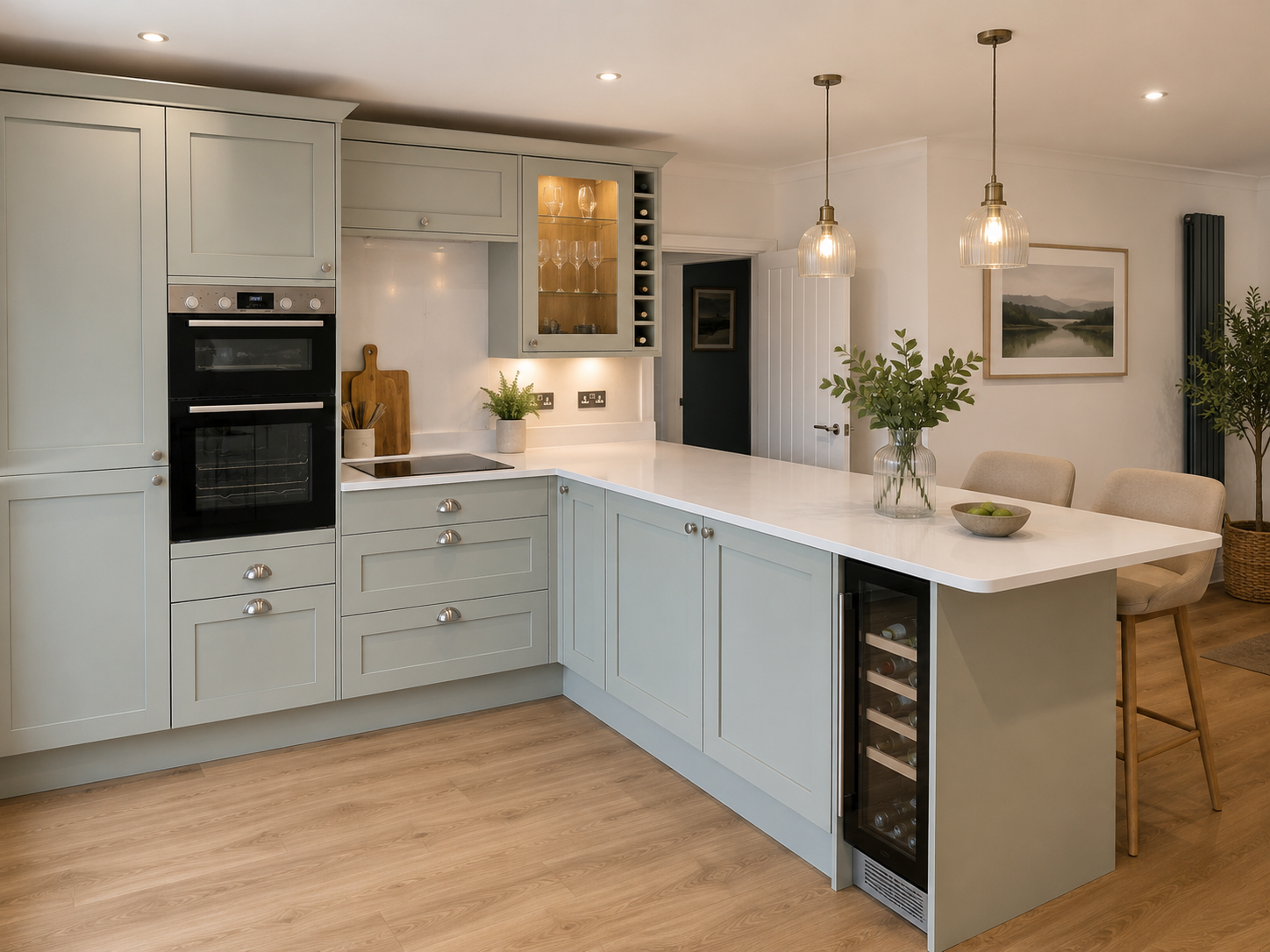 Sage green shaker kitchen with white worktops and breakfast bar