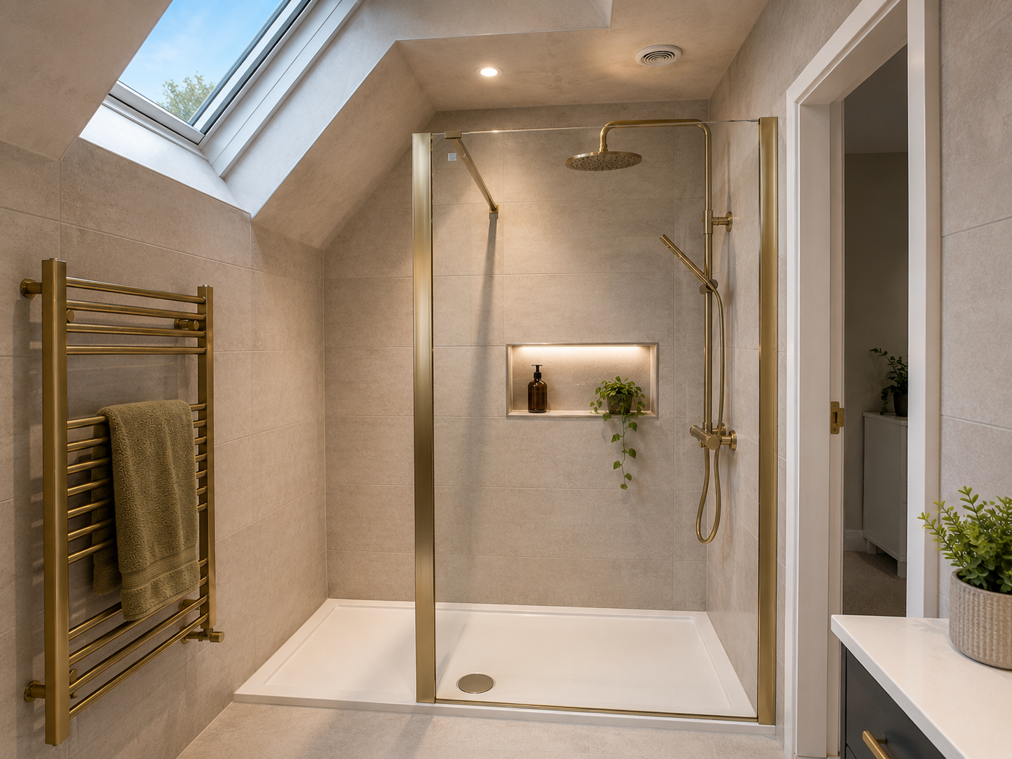 Loft shower room with brass fittings and stone-effect tiles