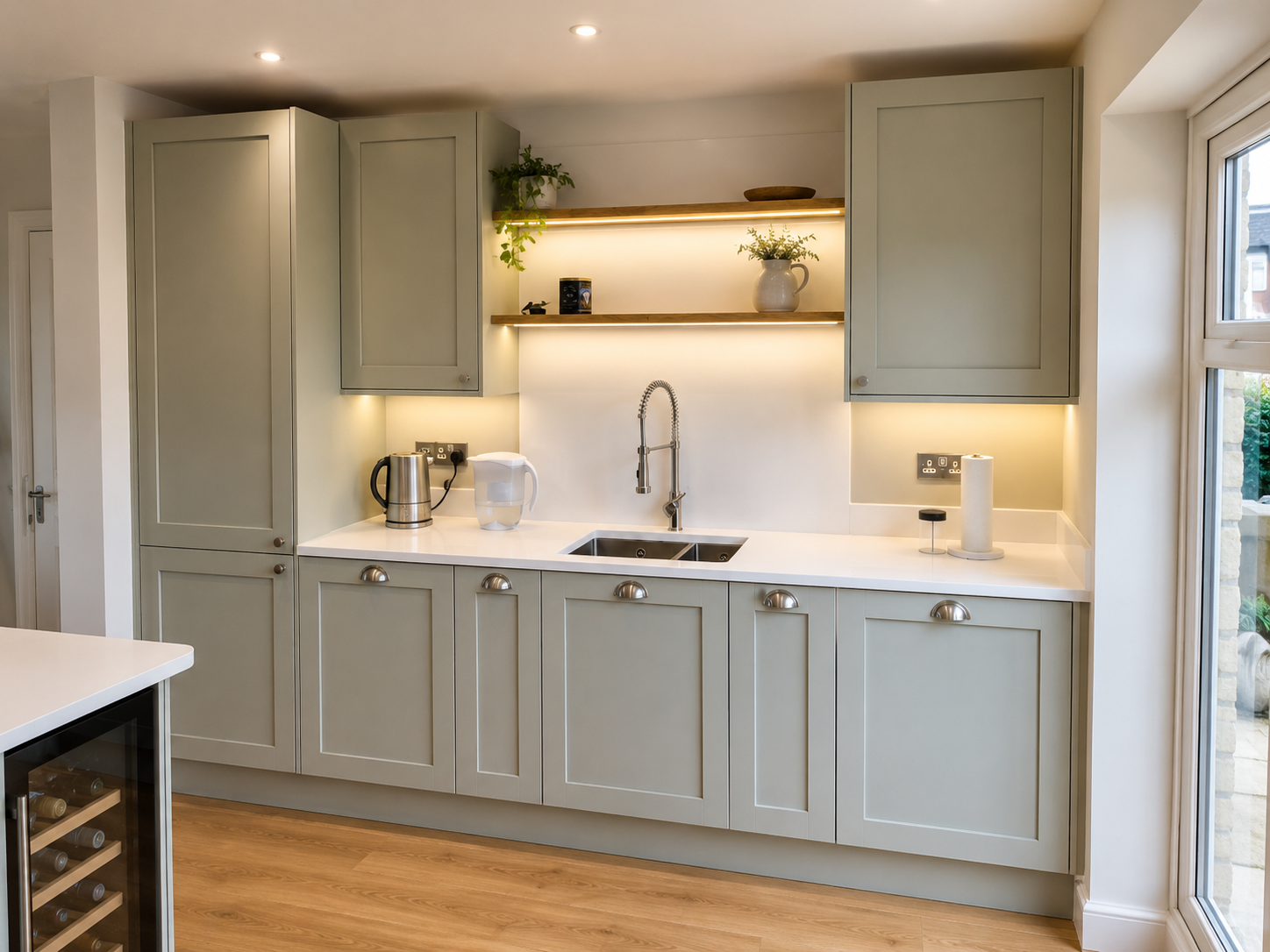 Sage green shaker kitchen with oak shelving