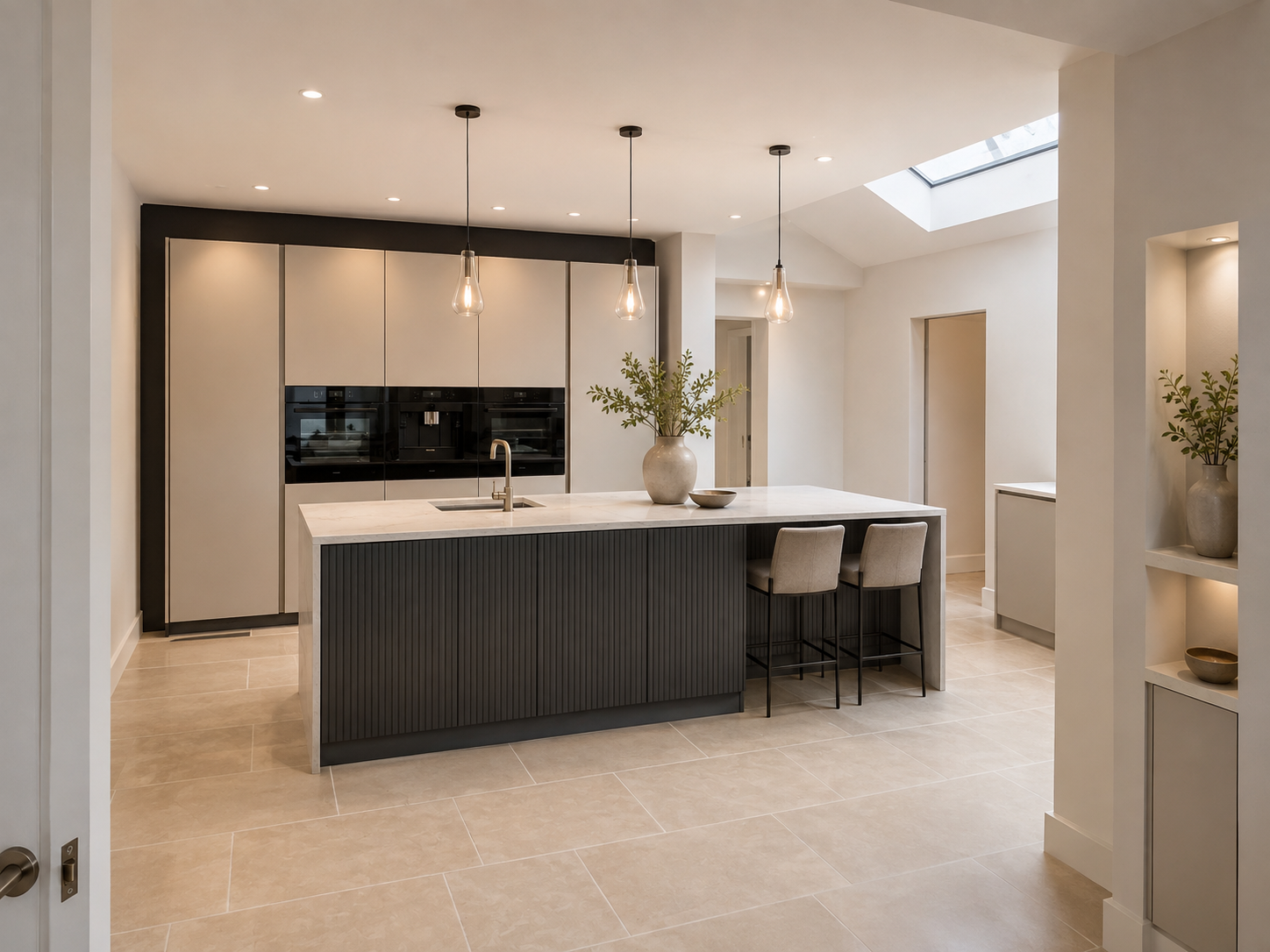 Handleless cream kitchen with dark fluted island and pendant lights