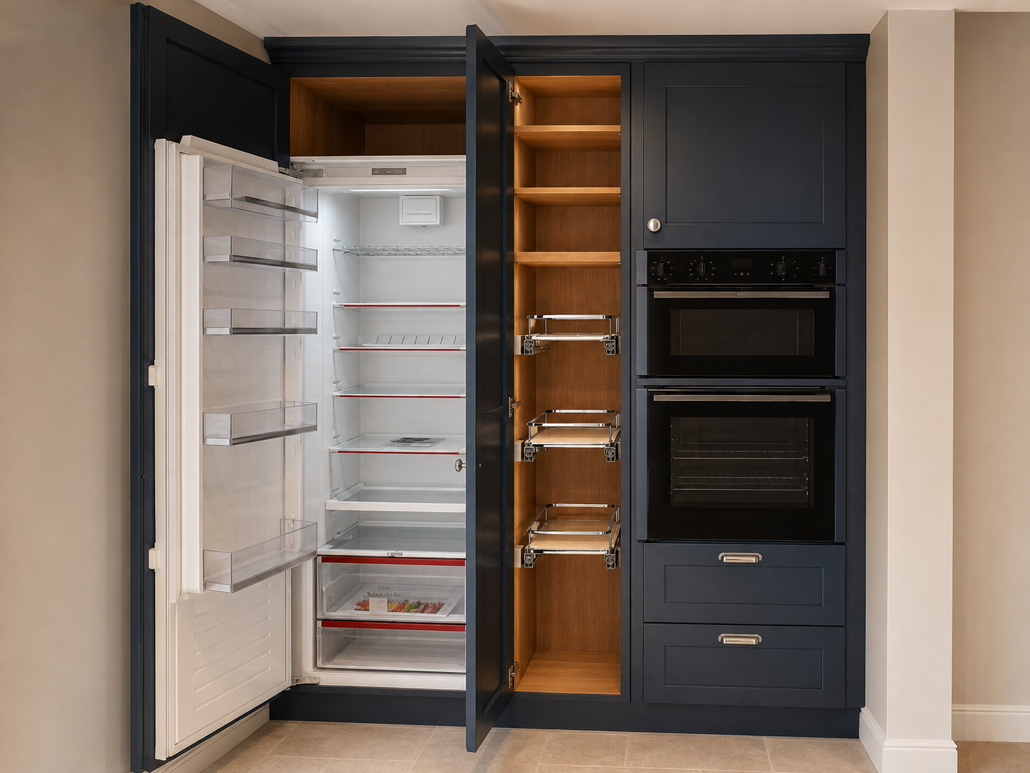 Navy tall units with larder and integrated appliances