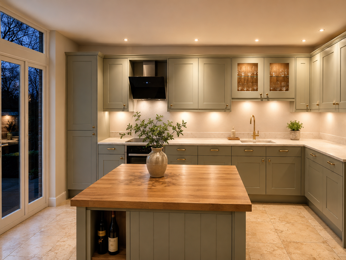 Olive green kitchen with solid oak island worktop and brass fittings