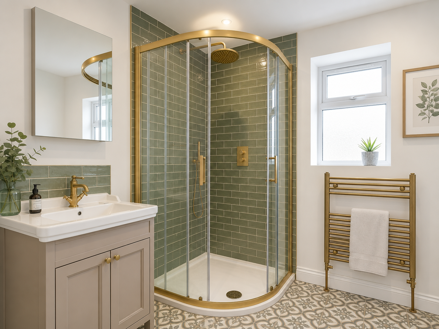 Shower enclosure with green tiles and brass fittings