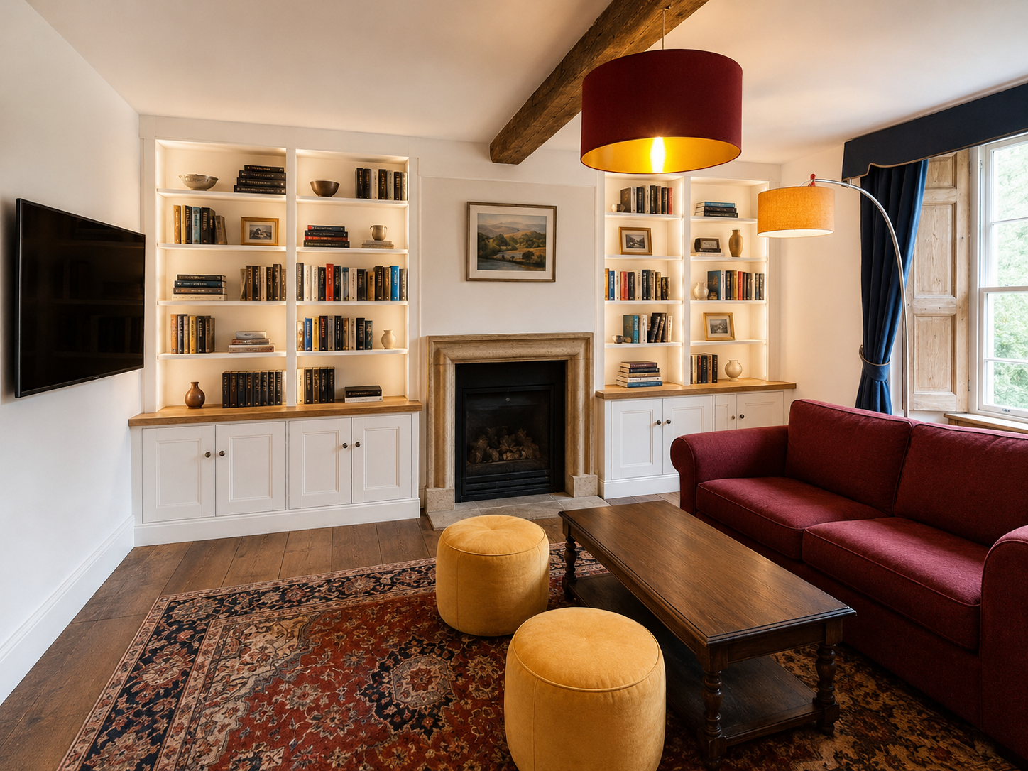 Custom bookcase with fitted shelves and cabinetry