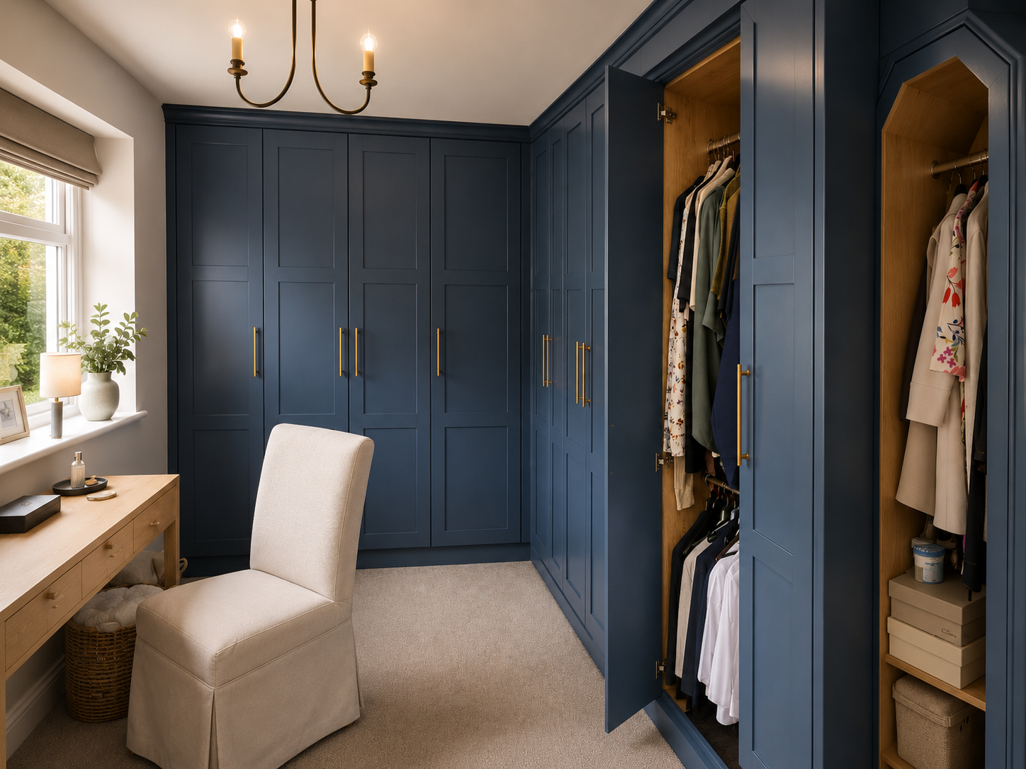 Fitted wardrobe with integrated storage and lighting