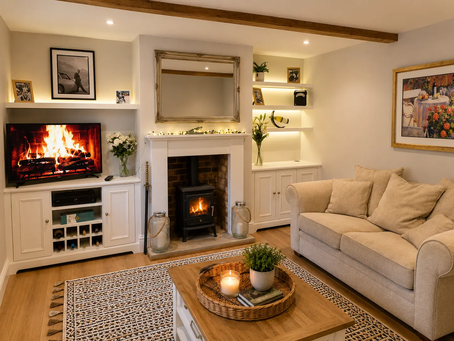 Living room with bespoke fitted cabinetry and shelving