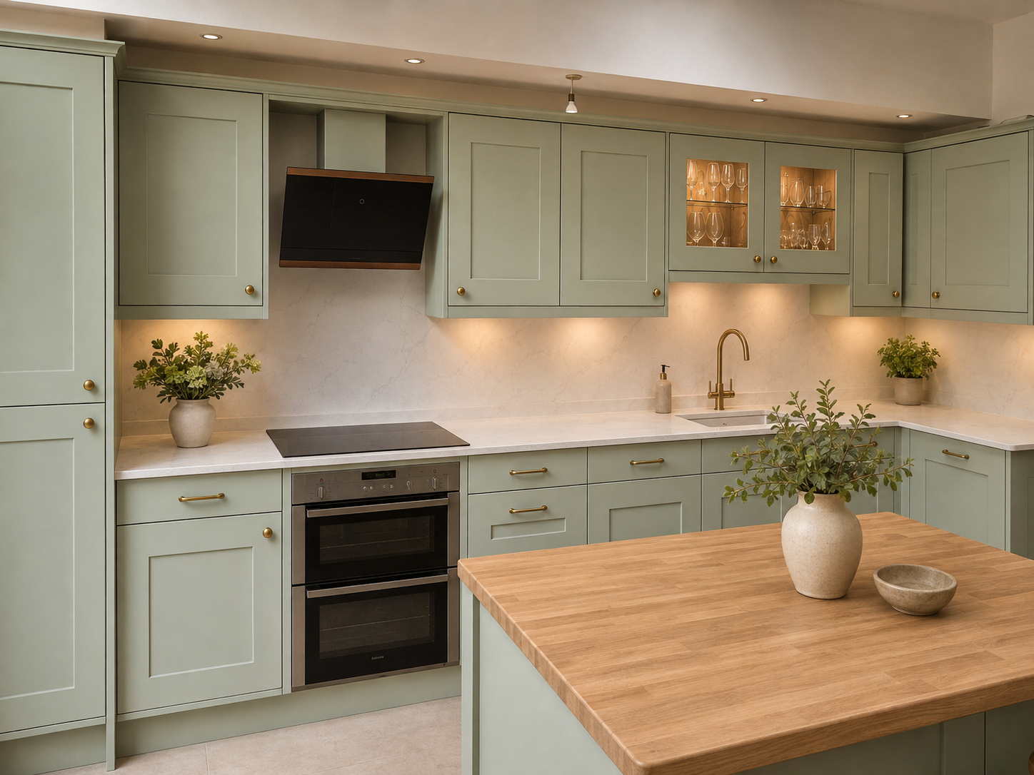 Sage green kitchen with oak island and brass tap