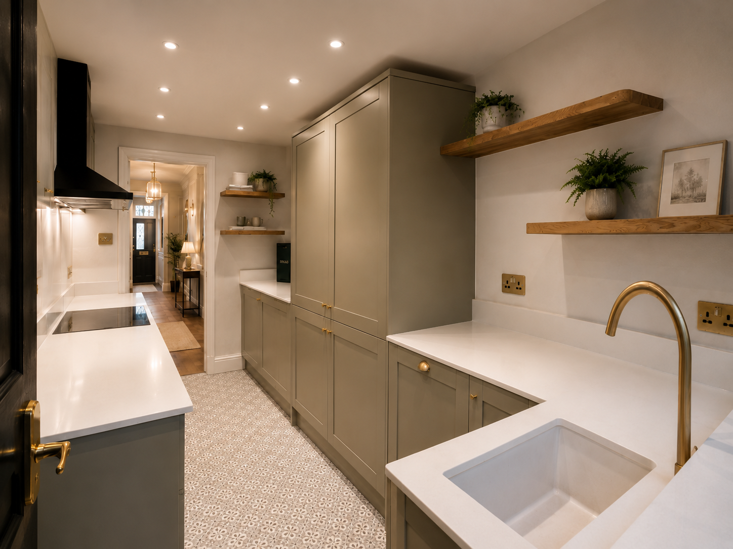 Warm beige shaker kitchen with brass fittings, oak shelves and white worktops