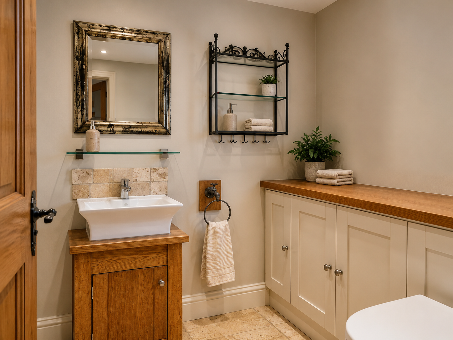 Bathroom with travertine stone floor and handmade units