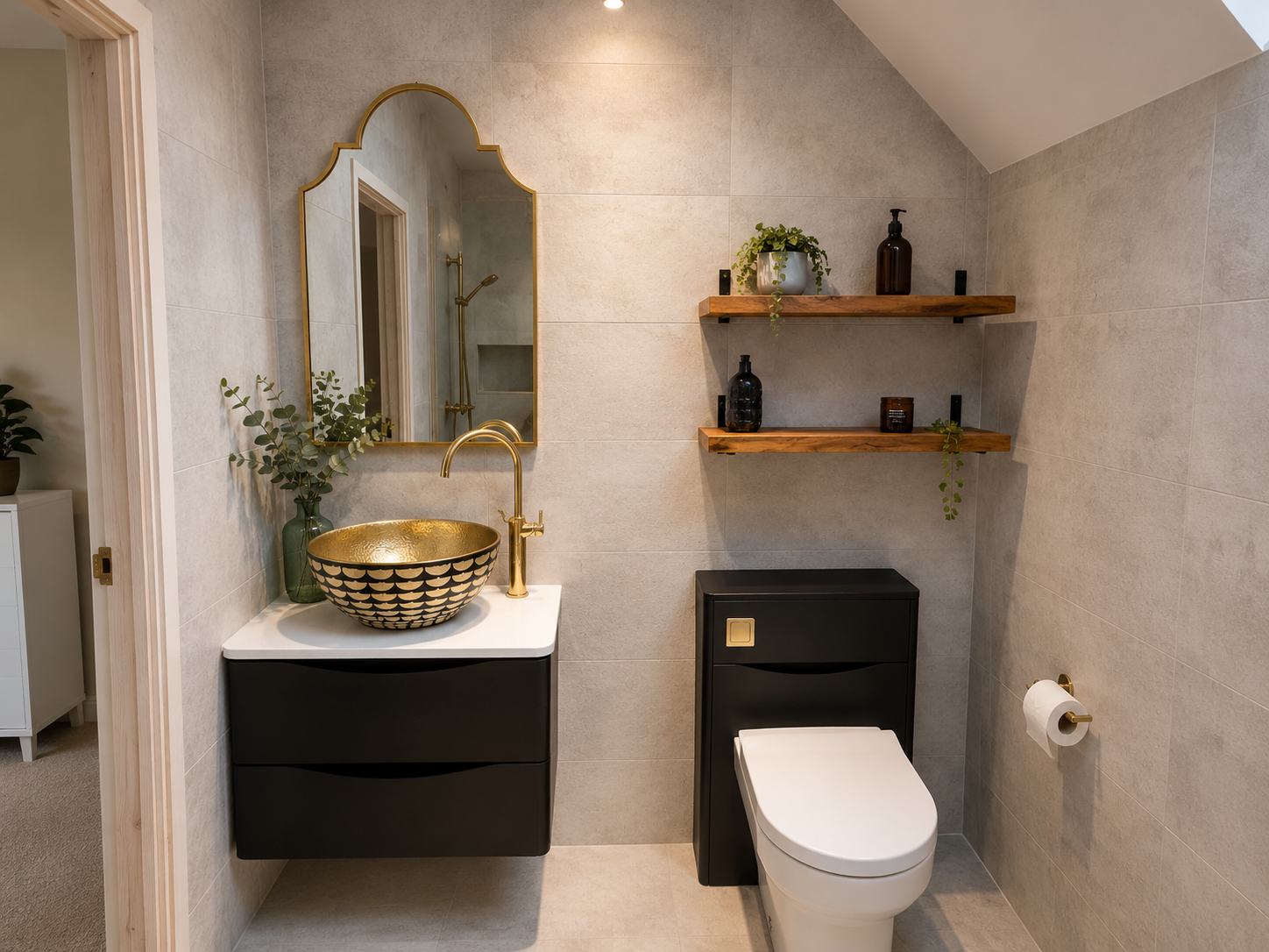 En-suite with black vanity, hammered brass basin and oak shelves