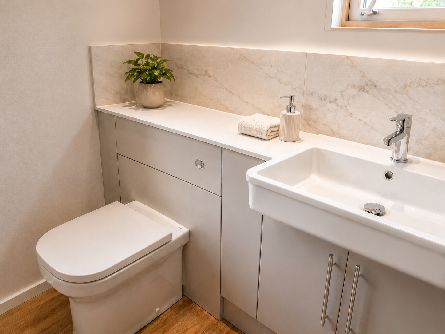 All-in-one bathroom worktop with basin and concealed cistern