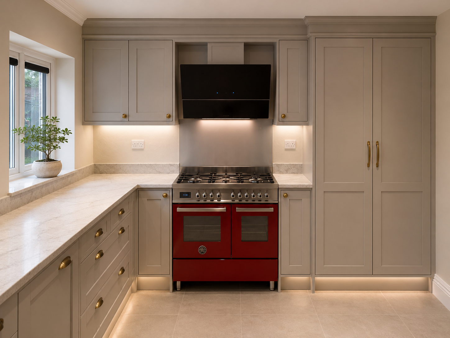 Grey shaker kitchen with red range cooker
