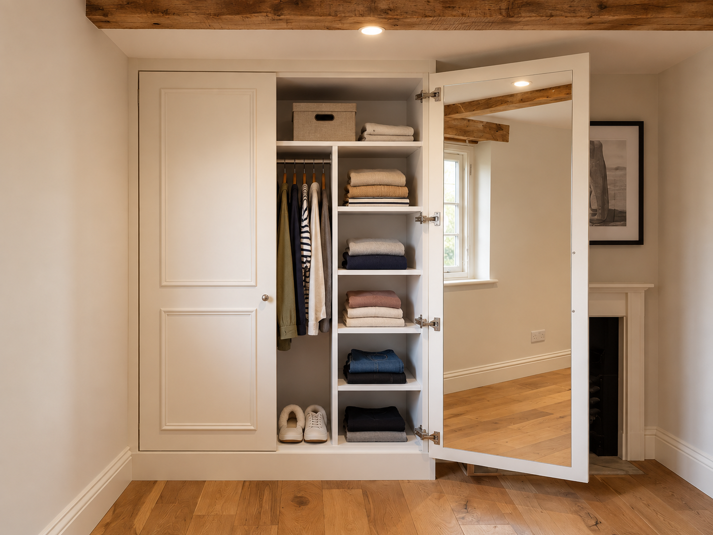 Wardrobe interior with fitted mirror and storage