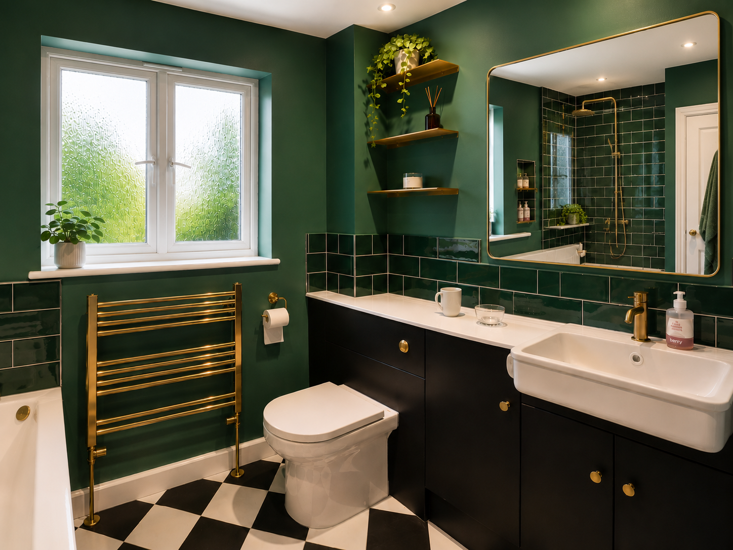 Green bathroom with brass fittings and chequerboard floor