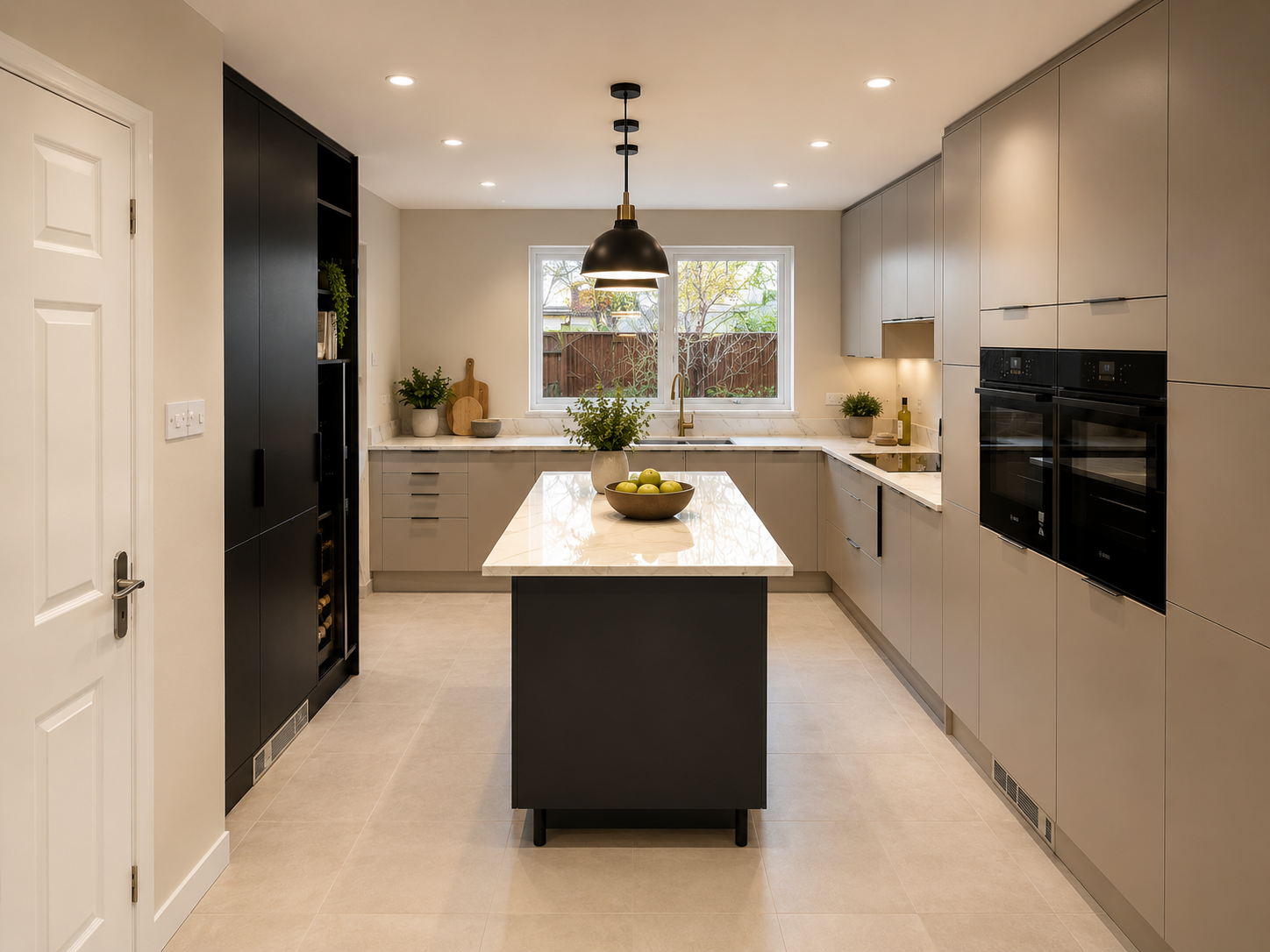 Contemporary handleless kitchen with marble island and black cabinetry