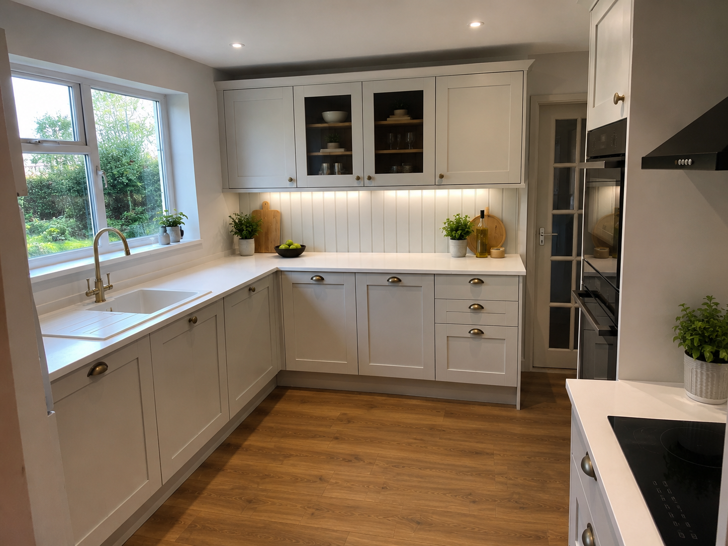 Light grey shaker kitchen with white worktops and oak flooring
