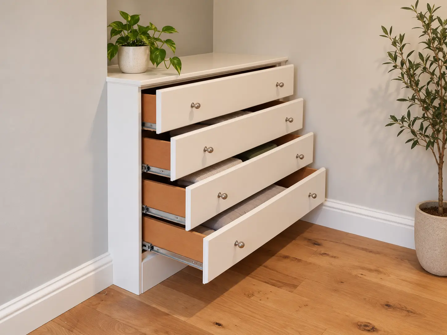 Oak drawers with hand-finished joinery and brass handles